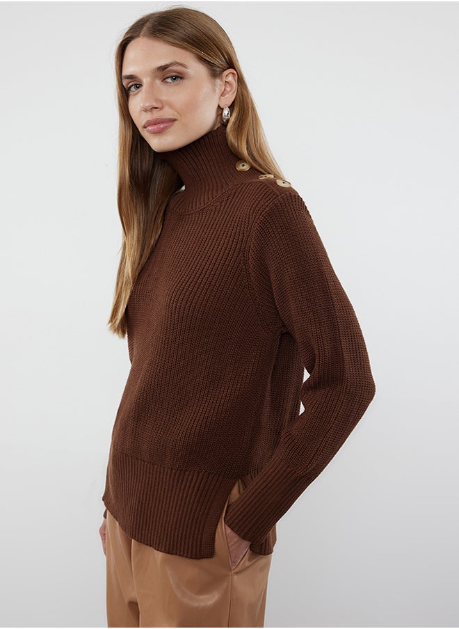 trendyol - Brown Collar Button Detailed Soft Textured Knitwear Sweater TWOAW25KZ00123 - Image 1