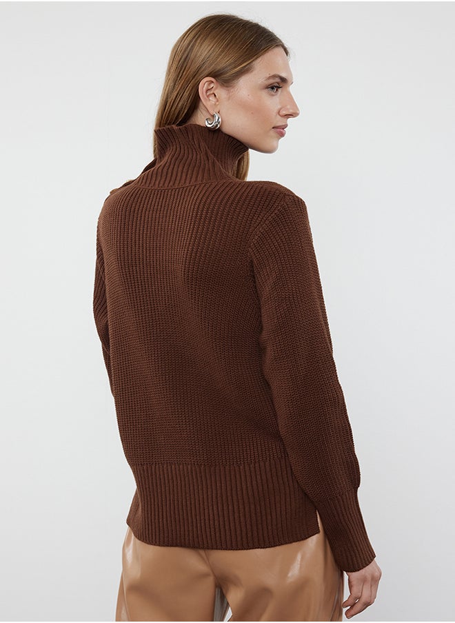 trendyol - Brown Collar Button Detailed Soft Textured Knitwear Sweater TWOAW25KZ00123 - Image 1