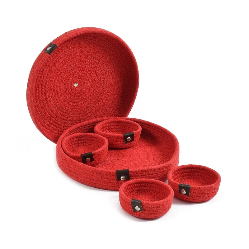 FR CREATION Natural cotton rope dryfruit storage tray with 4 bowls set for home and office and gifting item for friends family (Red) - Image 1