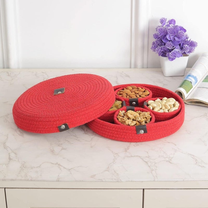 FR CREATION Natural cotton rope dryfruit storage tray with 4 bowls set for home and office and gifting item for friends family (Red) - Image 2