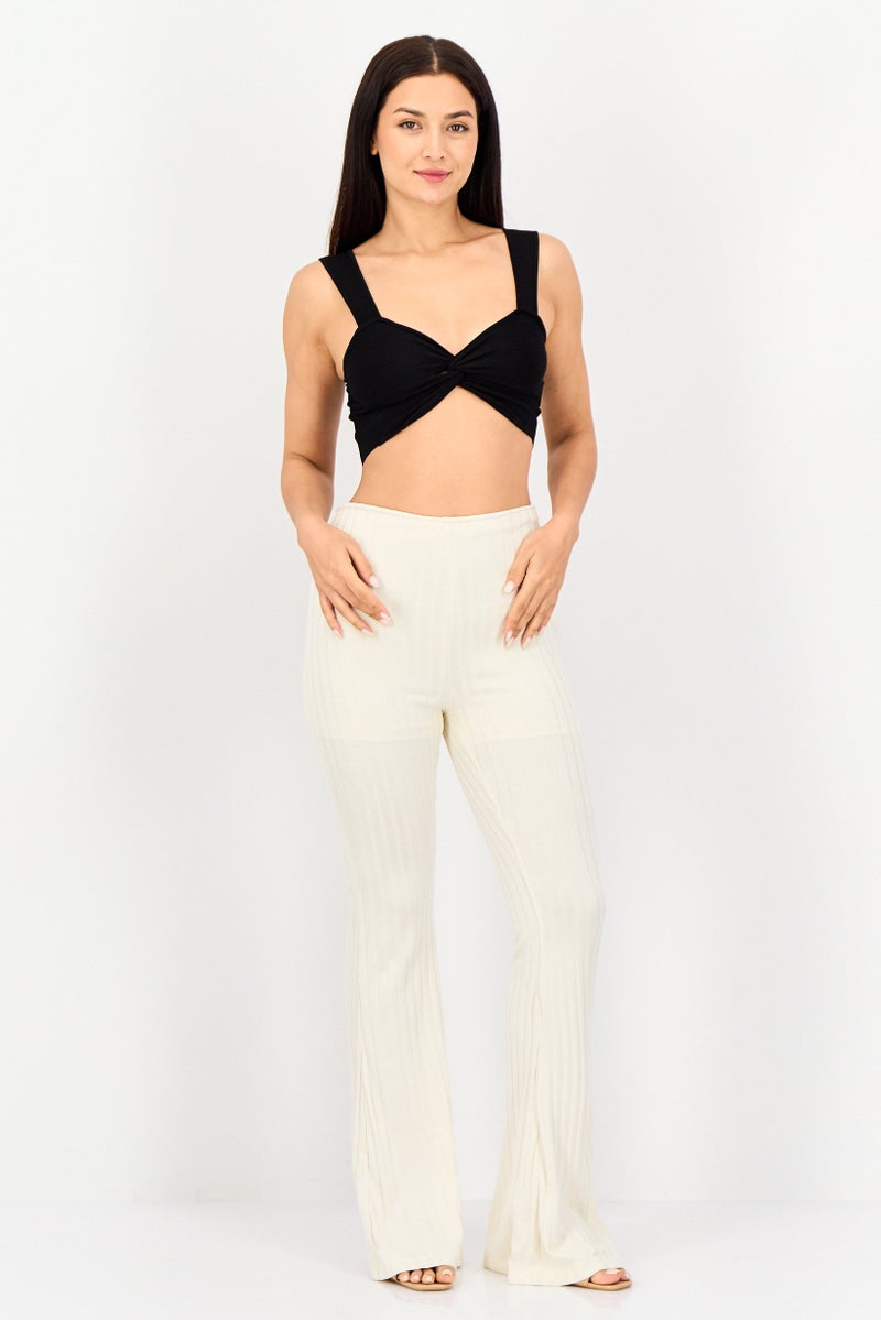 KOTON Women Regular Fit Wide Leg Ribbed Palazzo Pants, Beige - Image 3