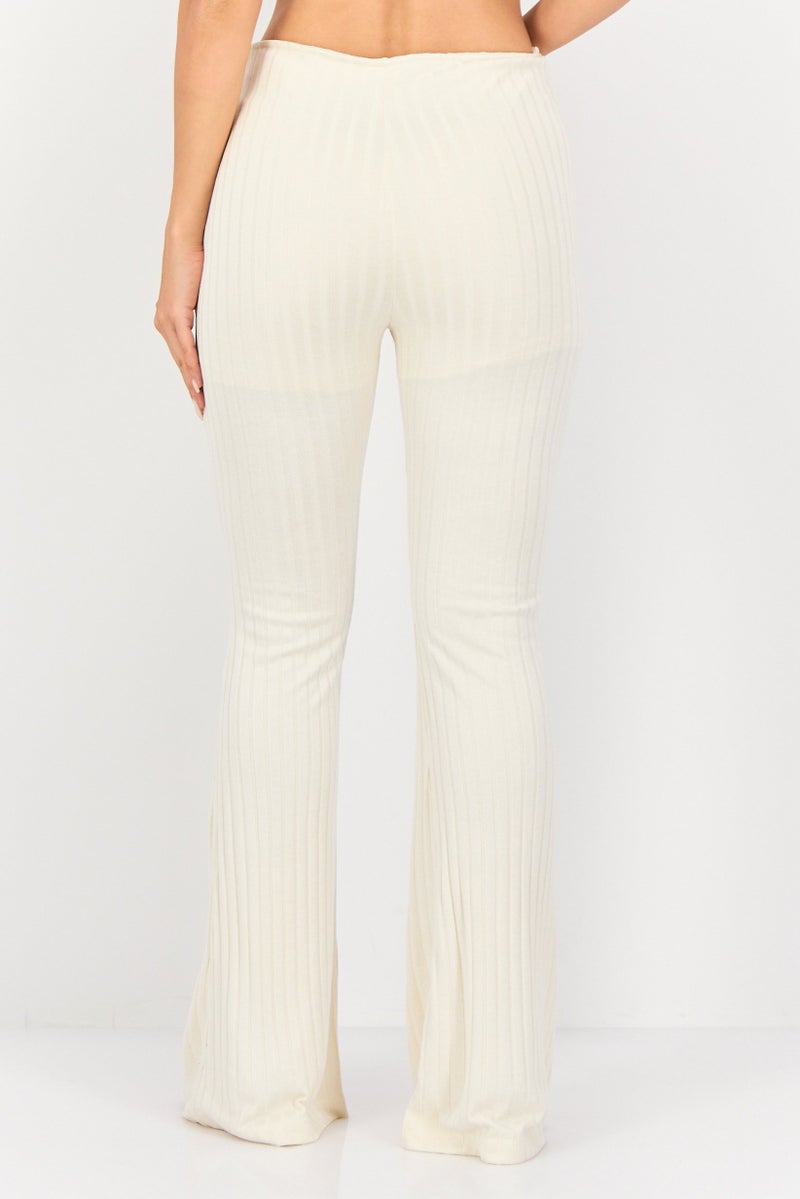 KOTON Women Regular Fit Wide Leg Ribbed Palazzo Pants, Beige - Image 2