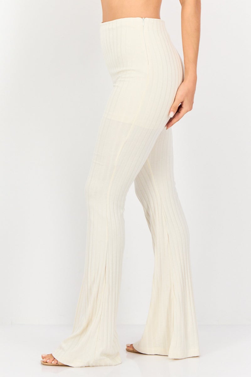 KOTON Women Regular Fit Wide Leg Ribbed Palazzo Pants, Beige - Image 2