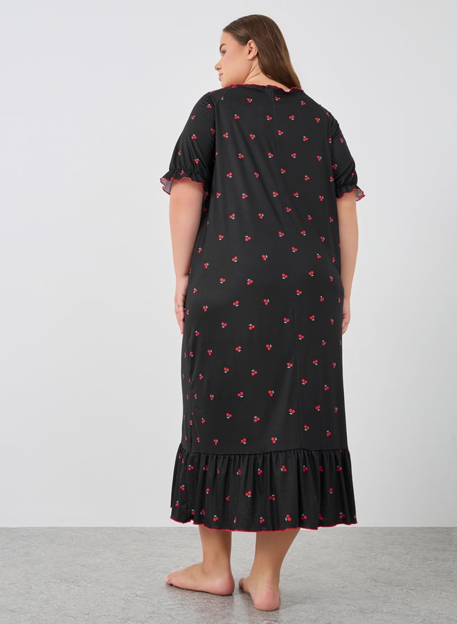 Styli Styli Plus Size Cherry Print Gathered Detail Night Dress  - Image 4