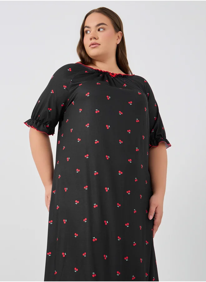 ستايلي Styli Plus Size Cherry Print Gathered Detail Night Dress