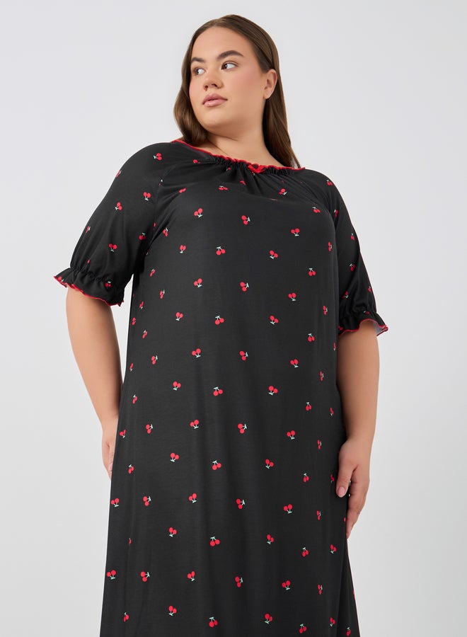 Styli Styli Plus Size Cherry Print Gathered Detail Night Dress  - Image 2