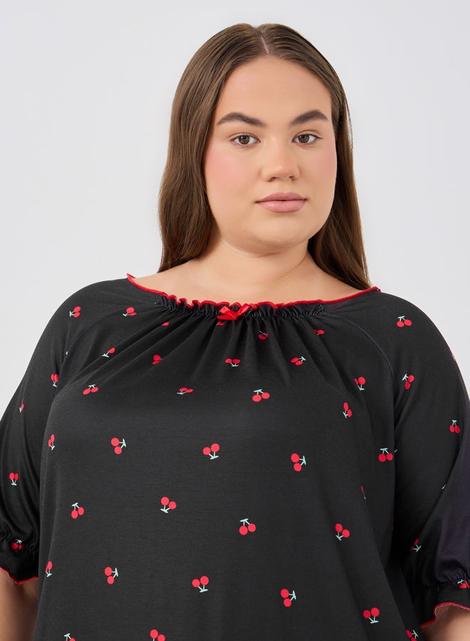 Styli Styli Plus Size Cherry Print Gathered Detail Night Dress  - Image 3