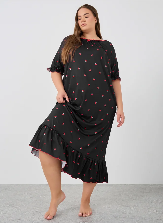 ستايلي Styli Plus Size Cherry Print Gathered Detail Night Dress