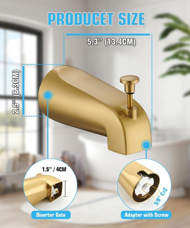 FROPO Tub Spout with Diverter, Slip On Bathtub Spout Fits 1/2'' Copper Tube(5/8'' Dia), Bathroom Tub Faucet with PTFE Tape & Hex Wrench, Brushed Gold - Image 5