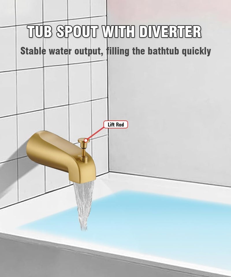 FROPO Tub Spout with Diverter, Slip On Bathtub Spout Fits 1/2'' Copper Tube(5/8'' Dia), Bathroom Tub Faucet with PTFE Tape & Hex Wrench, Brushed Gold - Image 4