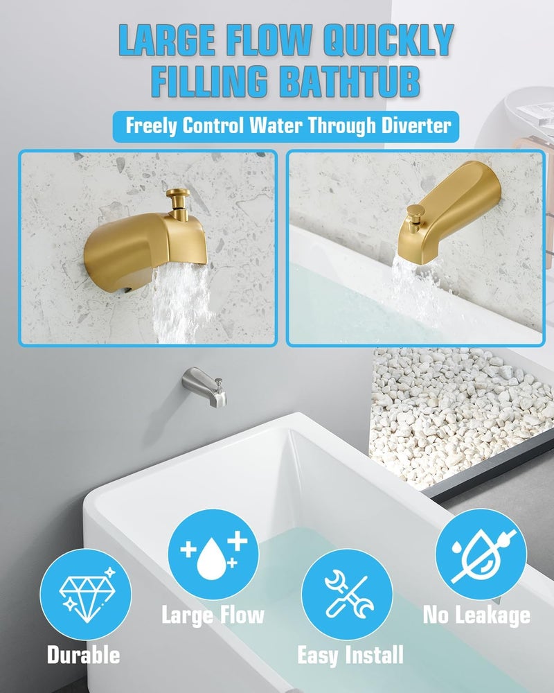 FROPO Tub Spout with Diverter, Slip On Bathtub Spout Fits 1/2'' Copper Tube(5/8'' Dia), Bathroom Tub Faucet with PTFE Tape & Hex Wrench, Brushed Gold - Image 2
