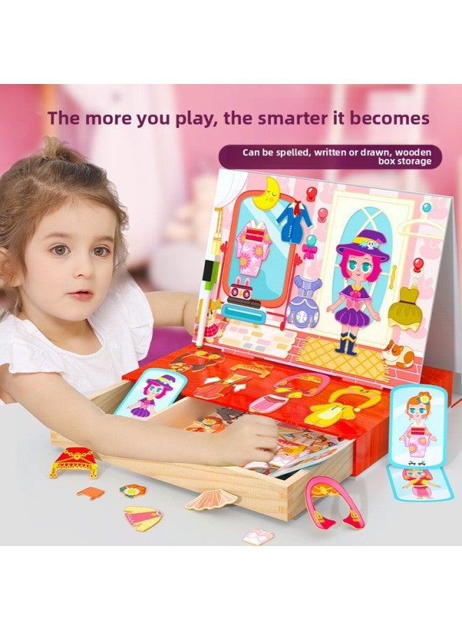 Children's Puzzle Puzzle Cartoon Magnetic Little Girl Change Puzzle Wooden Magnetic Double-sided Drawing Board Toy-Color:Little Girl Dressing Up And Playing (drawer Box) - Image 1