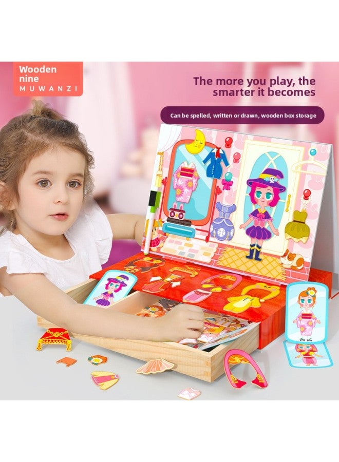 Children's Puzzle Puzzle Cartoon Magnetic Little Girl Change Puzzle Wooden Magnetic Double-sided Drawing Board Toy-Color:Little Girl Dressing Up And Playing (drawer Box) - Image 2