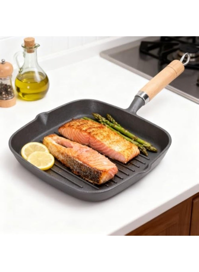 Arabest مقلاة شواء مربعة من الحديد الزهر مع فتحات صب ومقبض خشبي، مثالية للشواء الداخلي للستيك، البرغر، الخضار - تعمل على مواقد الغاز والحث، سطح غير لاصق بشكل طبيعي، 8.6 بوصة - Image 4