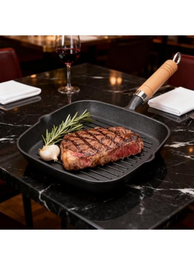 Arabest مقلاة شواء مربعة من الحديد الزهر مع فتحات صب ومقبض خشبي، مثالية للشواء الداخلي للستيك، البرغر، الخضار - تعمل على مواقد الغاز والحث، سطح غير لاصق بشكل طبيعي، 8.6 بوصة - Image 5