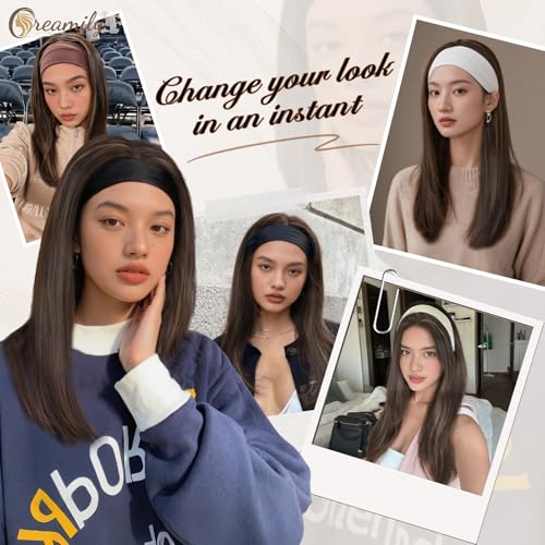 Creamily Long Brown Straight Headband Wig for Women Synthetic Glueless Heat Resistant Bob Wig Natutal Looking for Daily Party Use 18 Inch - Image 3