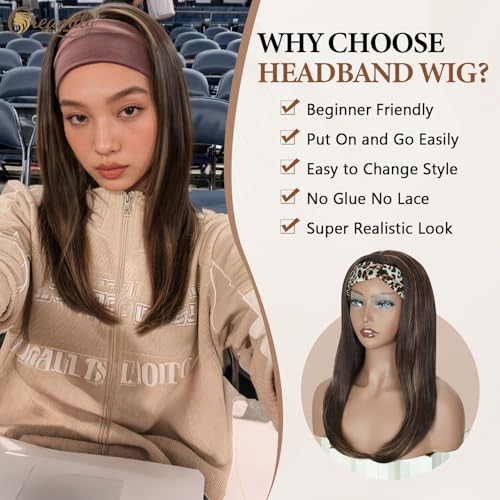 Creamily Long Brown Straight Headband Wig for Women Synthetic Glueless Heat Resistant Bob Wig Natutal Looking for Daily Party Use 18 Inch - Image 4
