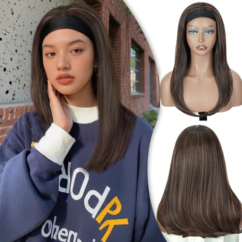 Creamily Long Brown Straight Headband Wig for Women Synthetic Glueless Heat Resistant Bob Wig Natutal Looking for Daily Party Use 18 Inch - Image 1