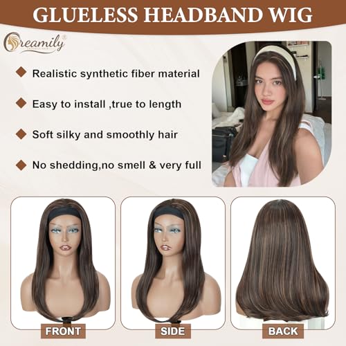Creamily Long Brown Straight Headband Wig for Women Synthetic Glueless Heat Resistant Bob Wig Natutal Looking for Daily Party Use 18 Inch - Image 2