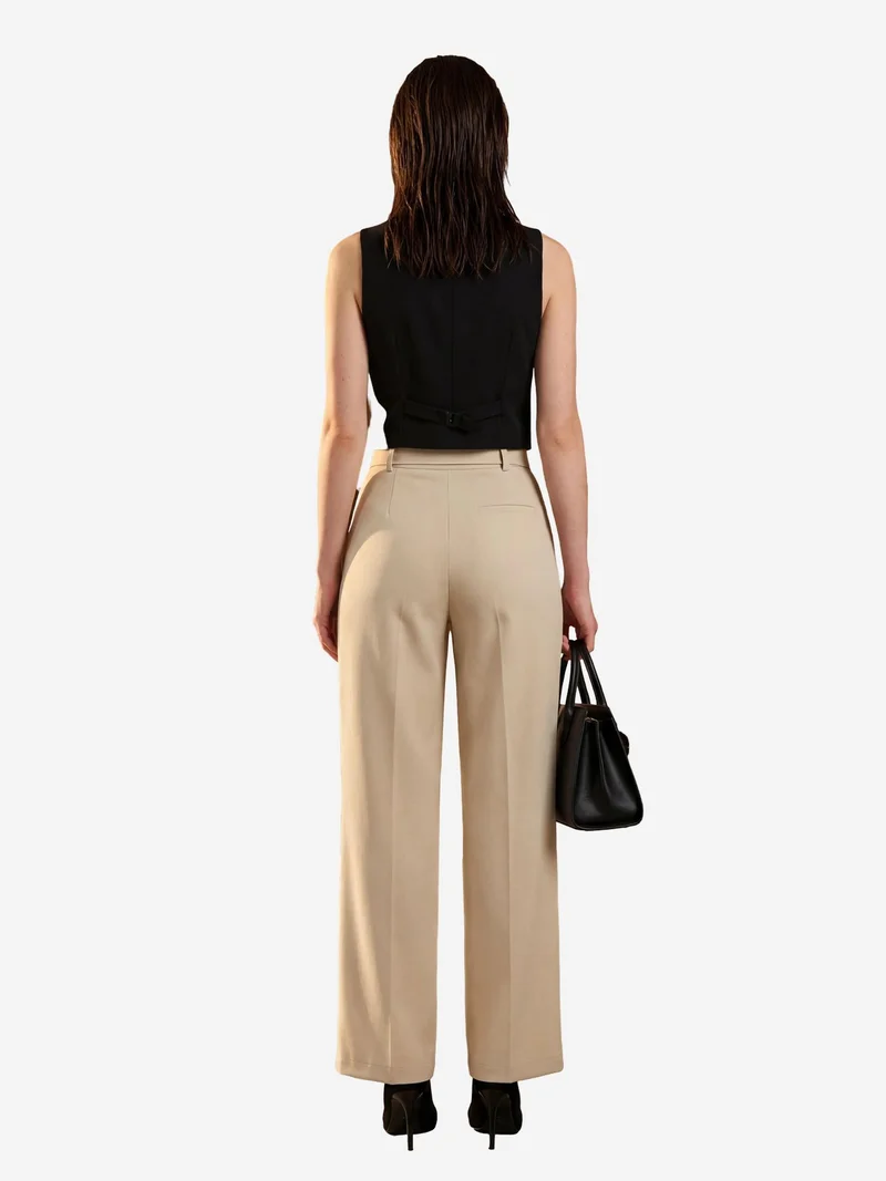 My Fashion Beige Natural MY FASHION High Waisted Wide Leg Belted Pants for Women | Best Price UAE