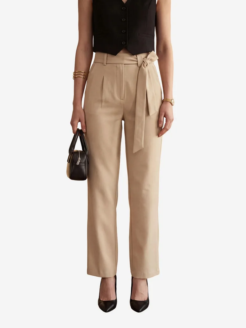 My Fashion Beige Natural MY FASHION High Waisted Wide Leg Belted Pants for Women | Best Price UAE