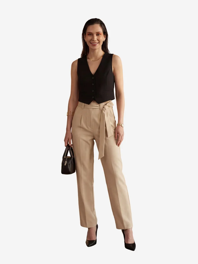 My Fashion Beige Natural MY FASHION High Waisted Wide Leg Belted Pants for Women | Best Price UAE