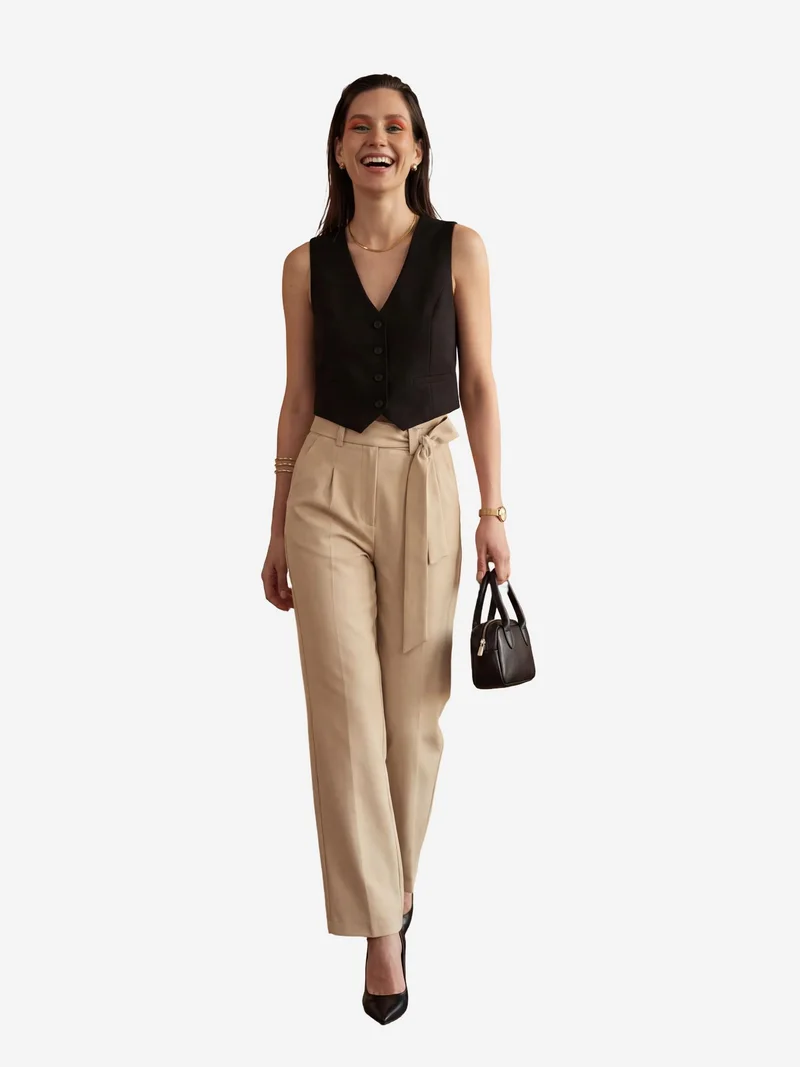 My Fashion Beige Natural MY FASHION High Waisted Wide Leg Belted Pants for Women | Best Price UAE
