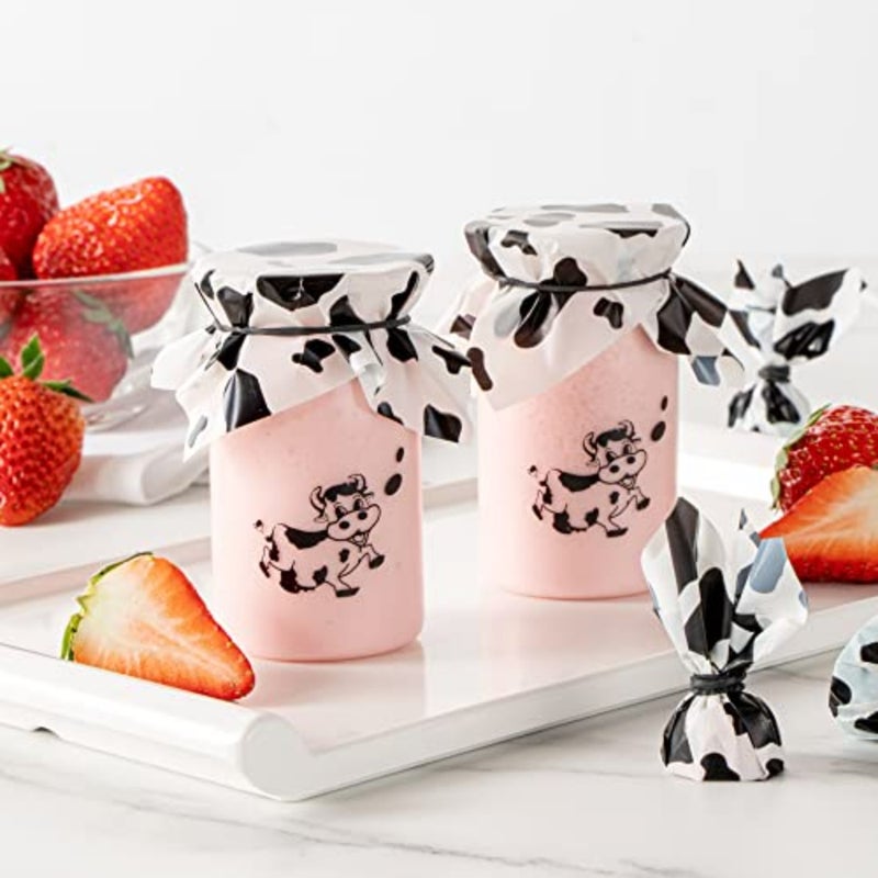 - 4.5 Inch x 4 Inch Yogurt Jar Wrappers, 500 With Rubber Band Wrappers for Pudding Containers - Grease Resistant, Disposable, Cow Print Plastic Chia Pudding Jar Covers, Reuseable, - Image 4