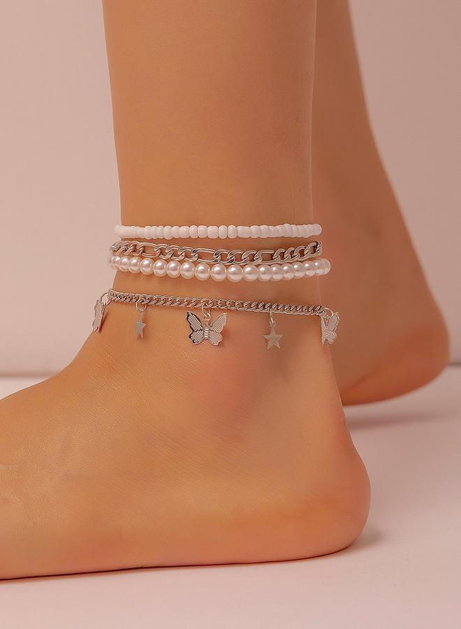 Take Two Pack of 4 - Silver Butterfly and Pearl Anklet - Image 1
