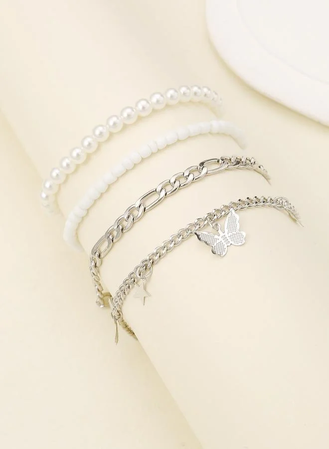 Take Two Pack of 4 - Silver Butterfly and Pearl Anklet