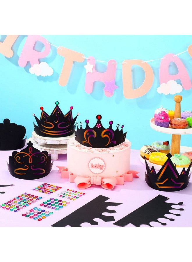Yinder 130 Pcs Crown Party Favors Halloween DIY Crafts Set 48 Scratch Paper Crowns Headband Hats 24 Wooden Styluses 48 Elastic Bands 10 Sheet Colorful Gem Jewel Stickers - Image 4