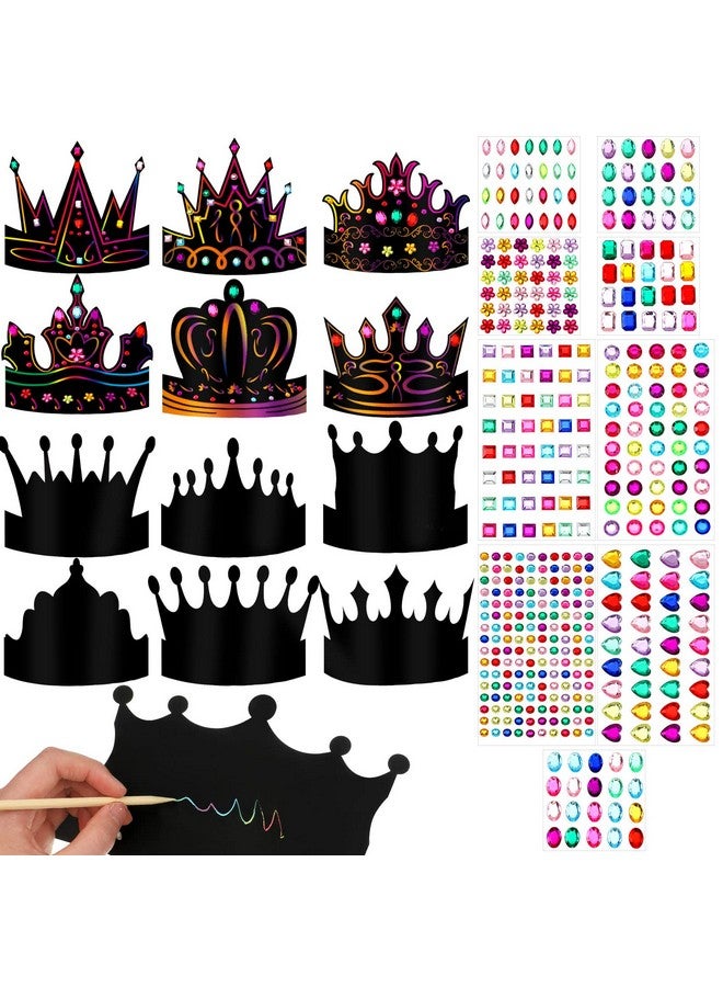 Yinder 130 Pcs Crown Party Favors Halloween DIY Crafts Set 48 Scratch Paper Crowns Headband Hats 24 Wooden Styluses 48 Elastic Bands 10 Sheet Colorful Gem Jewel Stickers - Image 1