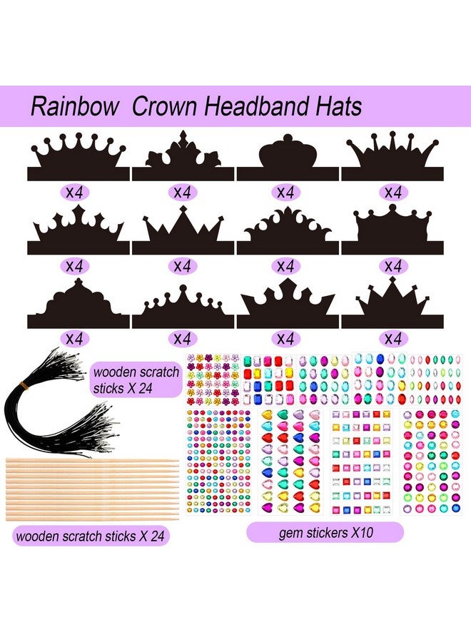 Yinder 130 Pcs Crown Party Favors Halloween DIY Crafts Set 48 Scratch Paper Crowns Headband Hats 24 Wooden Styluses 48 Elastic Bands 10 Sheet Colorful Gem Jewel Stickers - Image 2