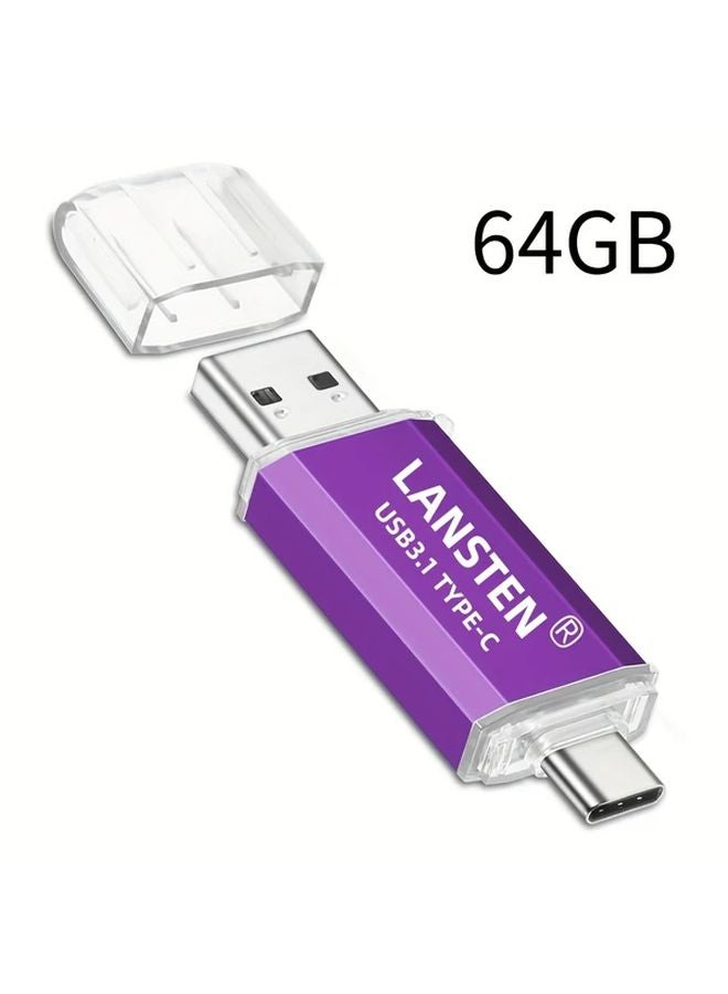 LANSTEN محرك أقراص فلاش USB C سعة 64 جيغابايت، سرعة الكتابة 3.1 تصل إلى 40-60‟ميجابايت/ثانية، للأجهزة والهواتف وأجهزة الكمبيوتر ذات منفذ USB C، اللون بنفسجي - Image 1