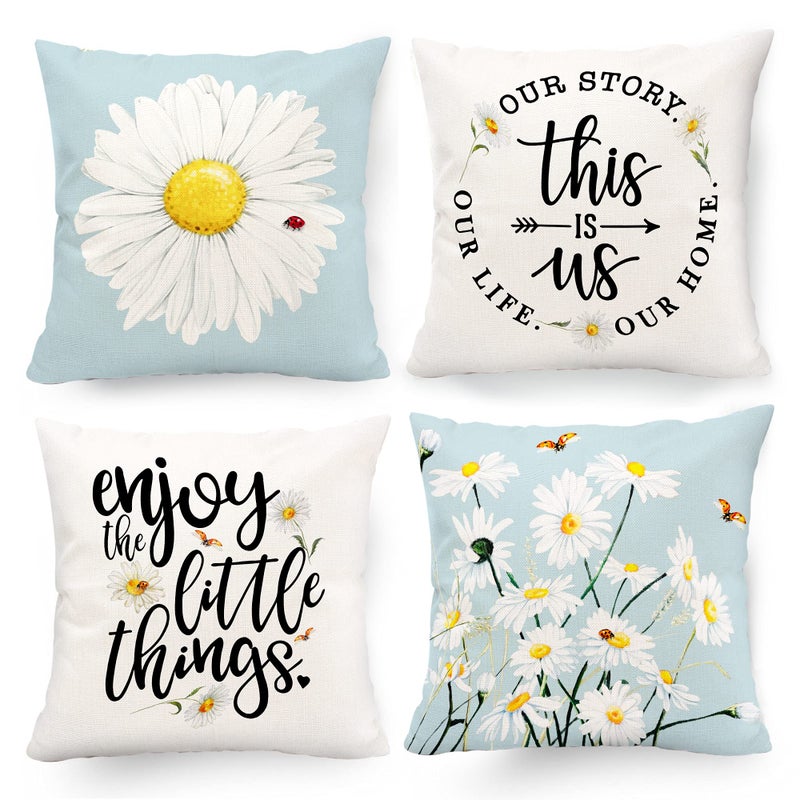 Hexagram Spring Pillow Covers 18x18 Set of 4 Blue Floral Daisy Farmhouse Decor Indoor Outdoor Decorative Throw Pillow Covers for Sofa Couch Living Room Spring Summer Home Decor