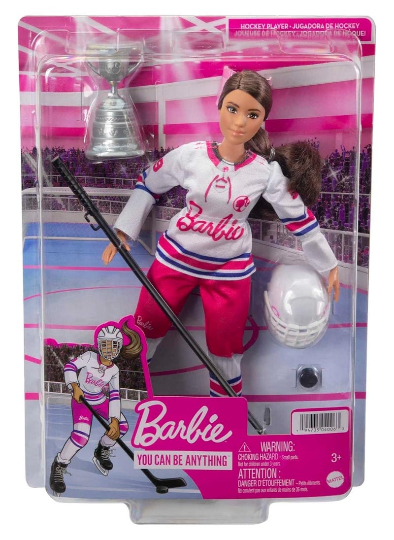 Mattel Games - Mattel- Barbie Winter Sports Hockey Player Brunette Doll, Curvy Shape (12 in) with Jersey, Helmet, Hockey Stick, Puck & Trophy, 3 & Up - Image 1