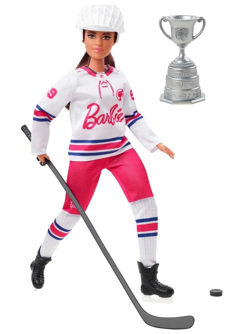Mattel Games - Mattel- Barbie Winter Sports Hockey Player Brunette Doll, Curvy Shape (12 in) with Jersey, Helmet, Hockey Stick, Puck & Trophy, 3 & Up - Image 1