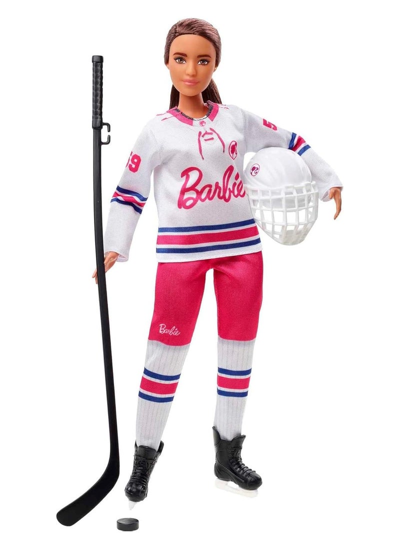Mattel Games - Mattel- Barbie Winter Sports Hockey Player Brunette Doll, Curvy Shape (12 in) with Jersey, Helmet, Hockey Stick, Puck & Trophy, 3 & Up - Image 1