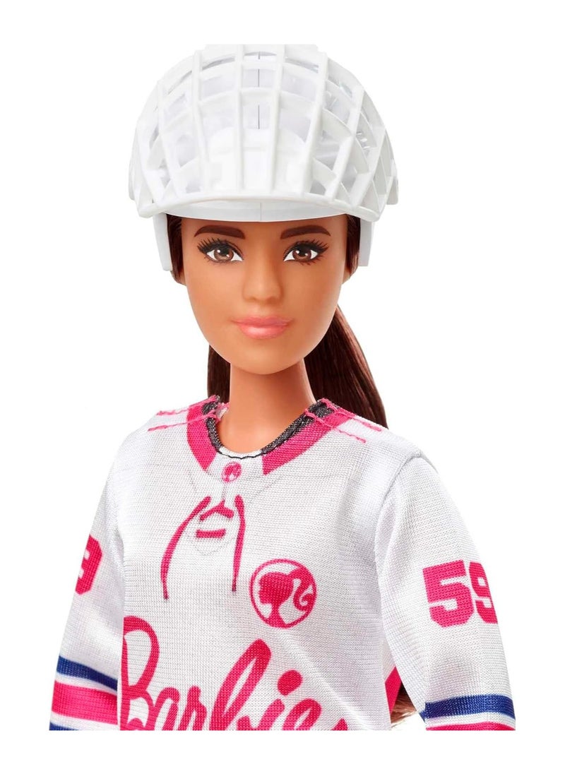 Mattel Games - Mattel- Barbie Winter Sports Hockey Player Brunette Doll, Curvy Shape (12 in) with Jersey, Helmet, Hockey Stick, Puck & Trophy, 3 & Up - Image 1