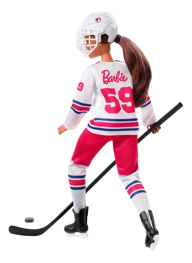 Mattel Games - Mattel- Barbie Winter Sports Hockey Player Brunette Doll, Curvy Shape (12 in) with Jersey, Helmet, Hockey Stick, Puck & Trophy, 3 & Up - Image 1
