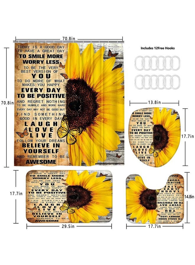AZHM 4pcs Shower Curtain Sets with Rugs Sunflower Bathroom Set Décor Inspirational Quotes Bathroom Curtains Shower Set with Rugs and Accessories - Image 5