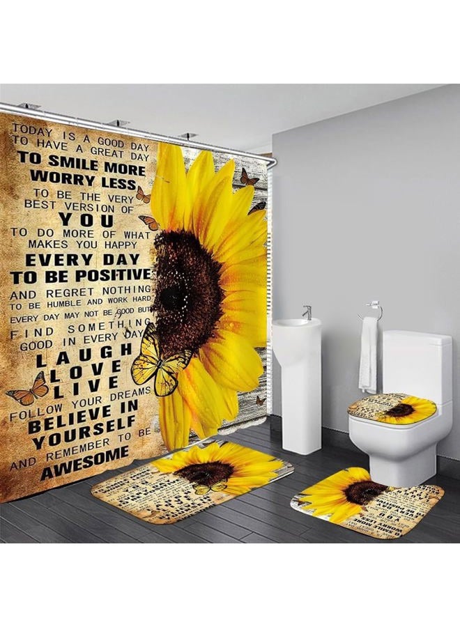 AZHM 4pcs Shower Curtain Sets with Rugs Sunflower Bathroom Set Décor Inspirational Quotes Bathroom Curtains Shower Set with Rugs and Accessories - Image 1