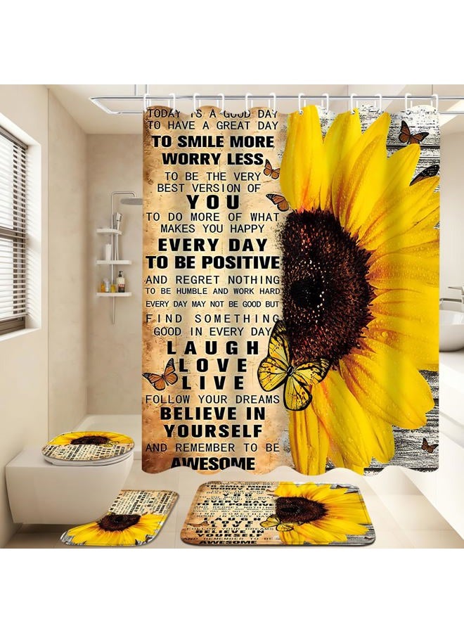 AZHM 4pcs Shower Curtain Sets with Rugs Sunflower Bathroom Set Décor Inspirational Quotes Bathroom Curtains Shower Set with Rugs and Accessories - Image 2