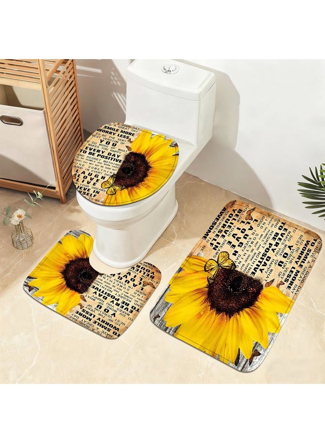 AZHM 4pcs Shower Curtain Sets with Rugs Sunflower Bathroom Set Décor Inspirational Quotes Bathroom Curtains Shower Set with Rugs and Accessories - Image 3