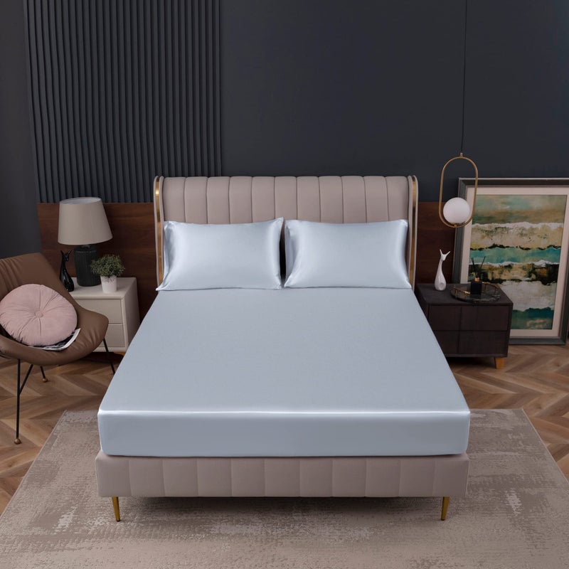 Homiest Homiest Baby Blue Satin Fitted Sheet Full Size Fitted Bed Sheet  Deep Pocket Fitted Sheet Only  Luxury & Ultra Soft Bedding Fitted Sheet Single Bottom Bed Sheets Sold Separately  - Image 2