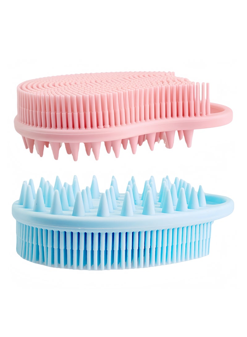 2Pcs Upgrade with hanging loop 2 in 1 Bath and Shampoo Brush, Silicone Body Scrubber for Use in Shower, Exfoliating Body Brush, Premium Silicone Loofah, Head Scrubber, Scalp Massager/Brush, Wet and Dry, Easy to Clean (Blue + Pink)  - Image 1