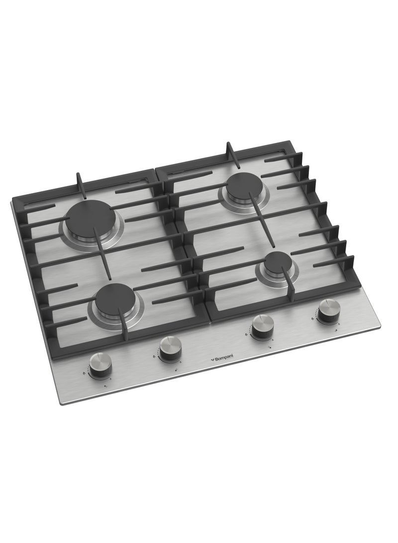 بومباني موقد مدمج 60 سم، ستانلس ستيل، 4 شعلات غاز من النوع الأوروبي، شعلات Sabaf، تحكم ميكانيكي، دعامات من الحديد الزهر - ضمان لمدة عام من الشركة المصنعة - - Image 1