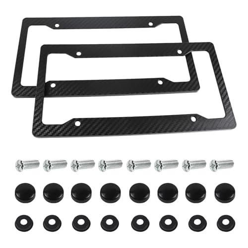 Hbxdeco 2PCS License Plate Frame Black Carbon Fiber License Plate Frame Waterproof Car Tag Cover Holder with Fasteners and Screws Universal for US Vehicle Front Rear License Plate - Image 1