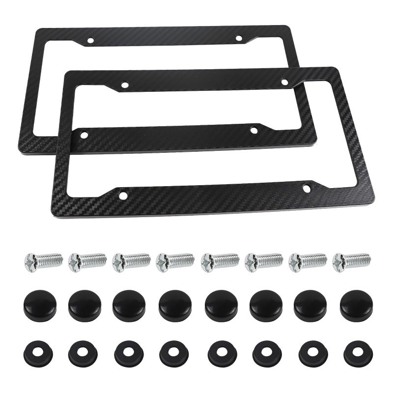 Hbxdeco 2PCS License Plate Frame Black Carbon Fiber License Plate Frame Waterproof Car Tag Cover Holder with Fasteners and Screws Universal for US Vehicle Front Rear License Plate - Image 3
