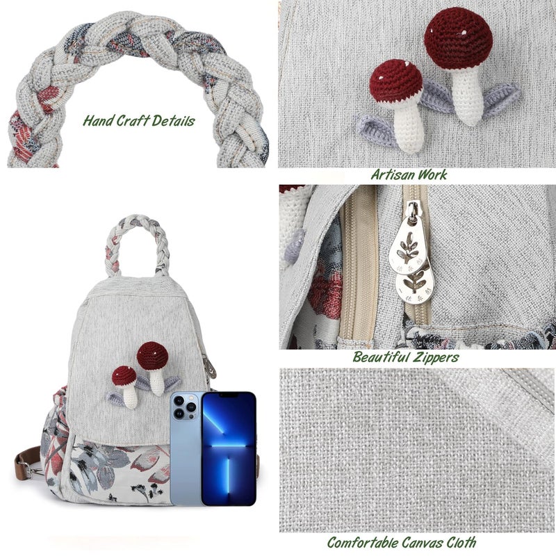 AULUDA Ladys Convertible Sling Bag, Hand Craft Artisan Purse, Beautiful Mushroom Canvas Premium Casual Day Mini Backpack for women - Image 2